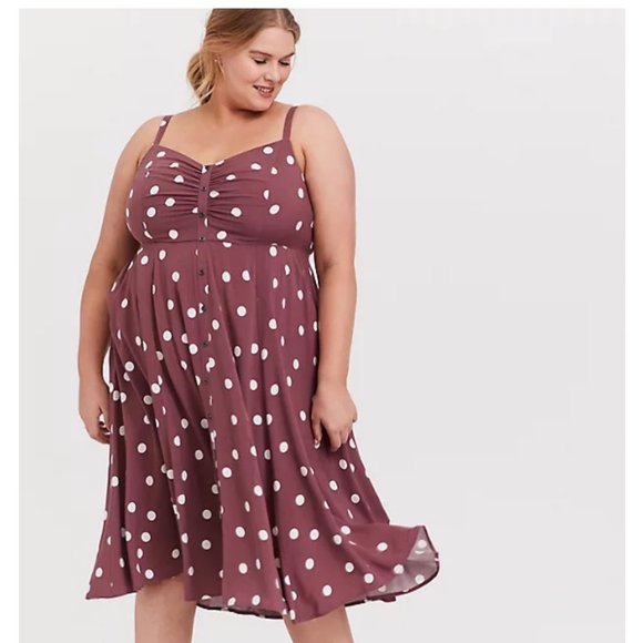 torrid Dresses & Skirts - WALNUT POLKA DOT CHALLIS BUTTON FRONT MIDI DRESS